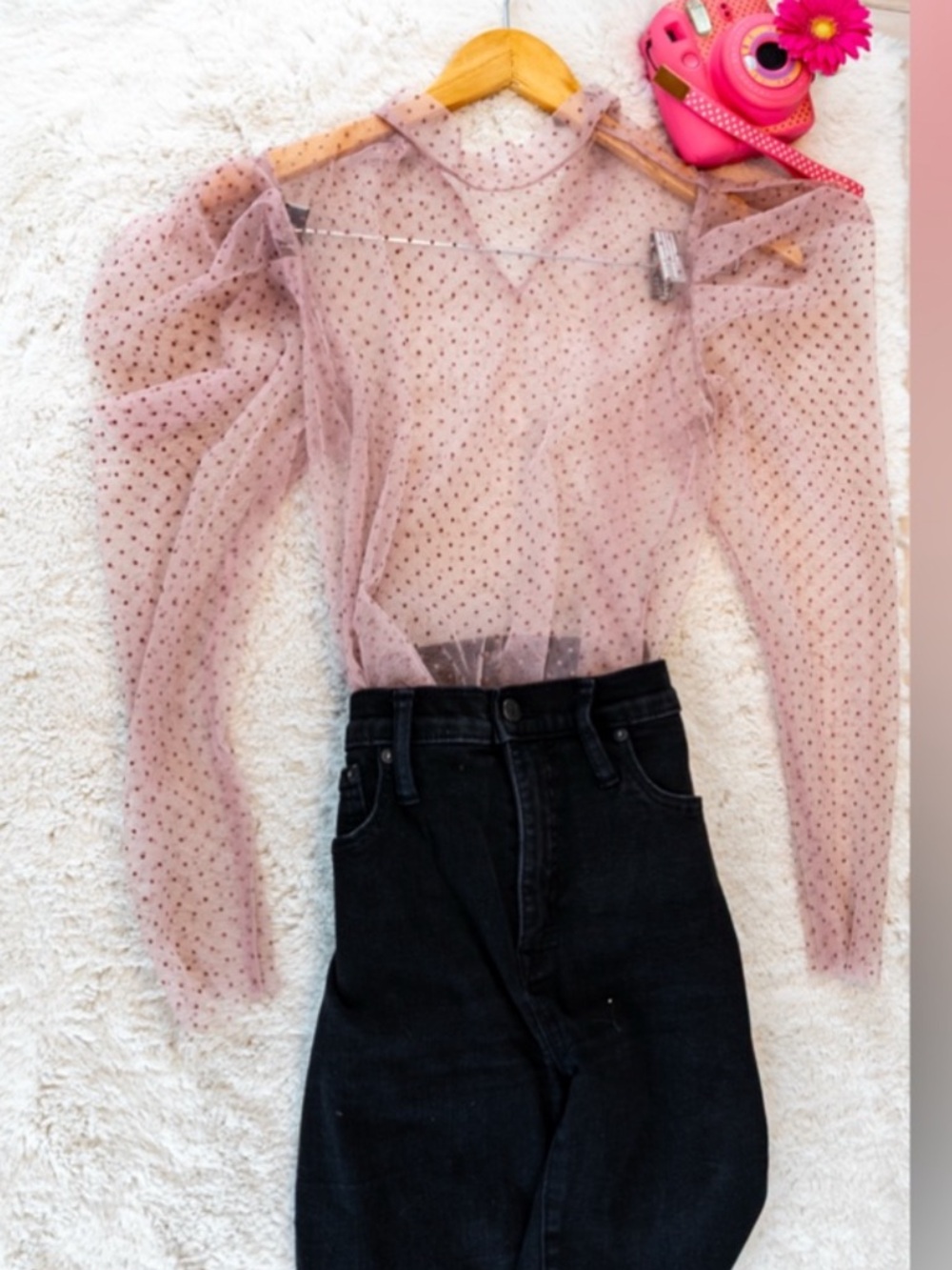 Forever 21 Coquette Sheer Polka Dot Mesh Top Size M | Romantic Puff Sleeve